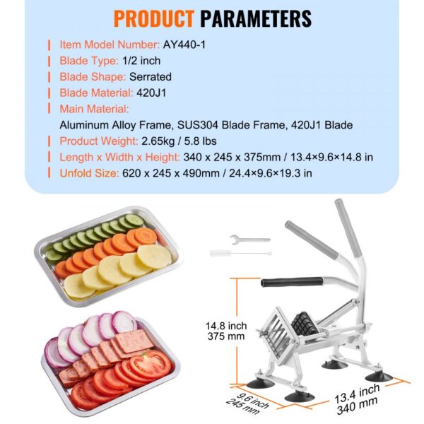 VEVOR vegetable slicer with serrated 1/2 inch blade, aluminum alloy frame, and dimensions for kitchen prep.