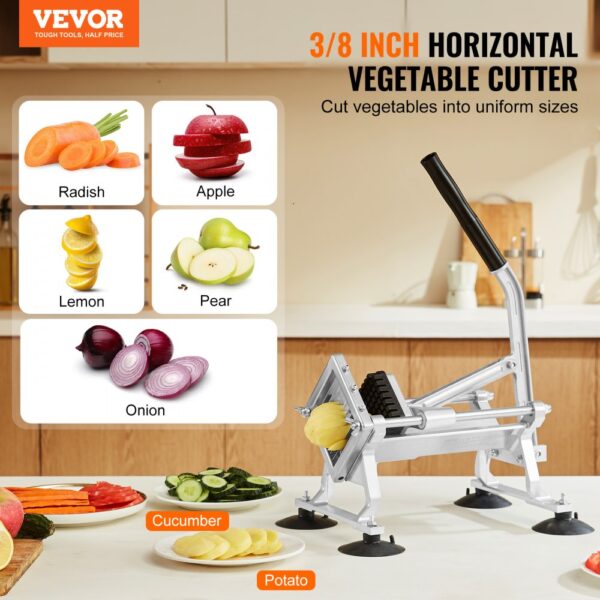 VEVOR vegetable slicer cutting cucumber and potato with images of radish, apple, lemon, onion, and pear.