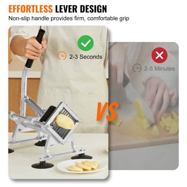 effortless slicing with VEVOR vegetable slicer compared to traditional knife, highlighting lever design.