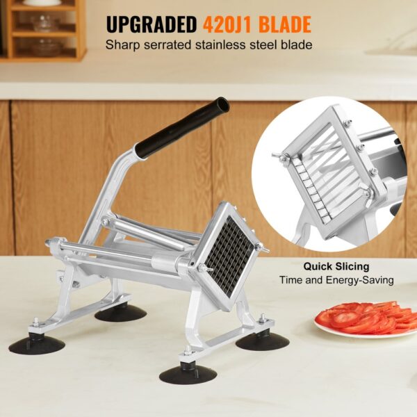 VEVOR vegetable slicer with upgraded 420j1 blade for quick slicing, shown with sliced tomatoes on the side.