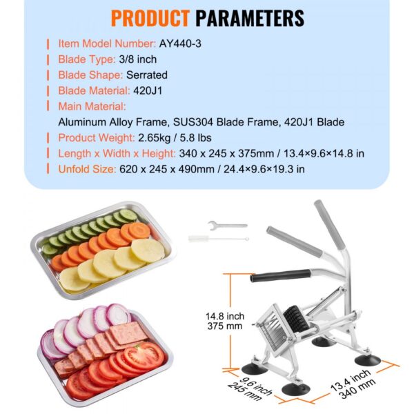 VEVOR vegetable slicer with parameters, including blade type, material, dimensions, and vegetable trays.