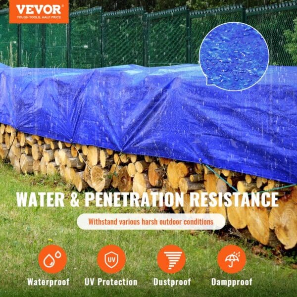 VEVOR waterproof tarp covering firewood stack outdoors, displaying water droplets and protection icons.