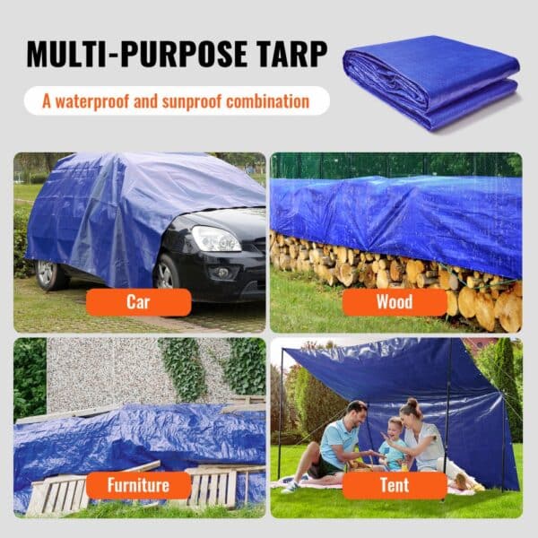 VEVOR waterproof tarp covering car, wood stack, outdoor furniture, and tent in various weather conditions.