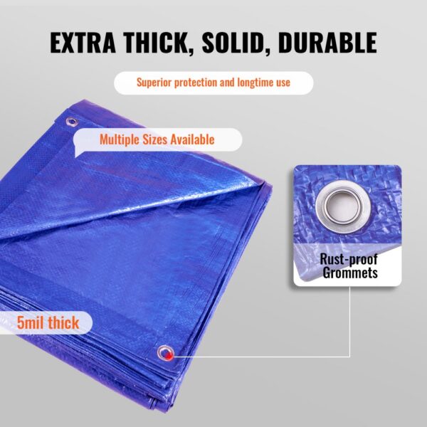 extra thick, solid, durable VEVOR waterproof tarp with rust-proof grommets and 5 mil thickness.