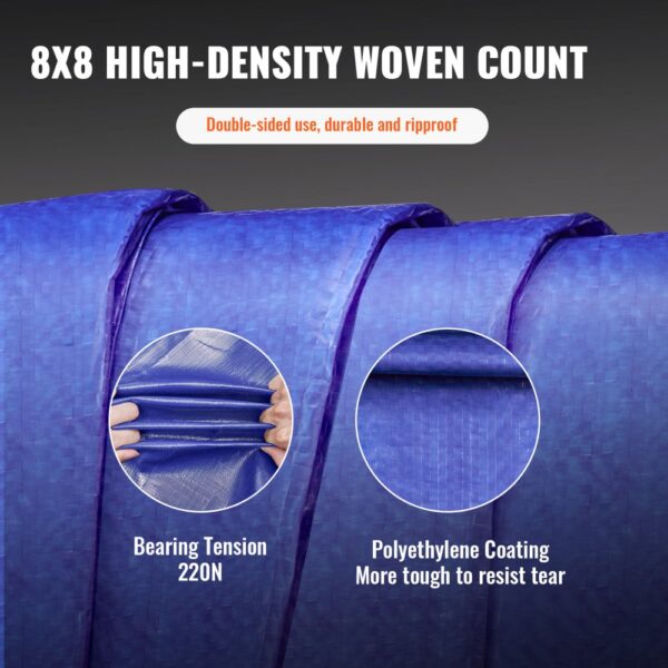 blue 8x8 high-density woven count VEVOR waterproof tarp, boasting 220n bearing tension and polyethylene coating.