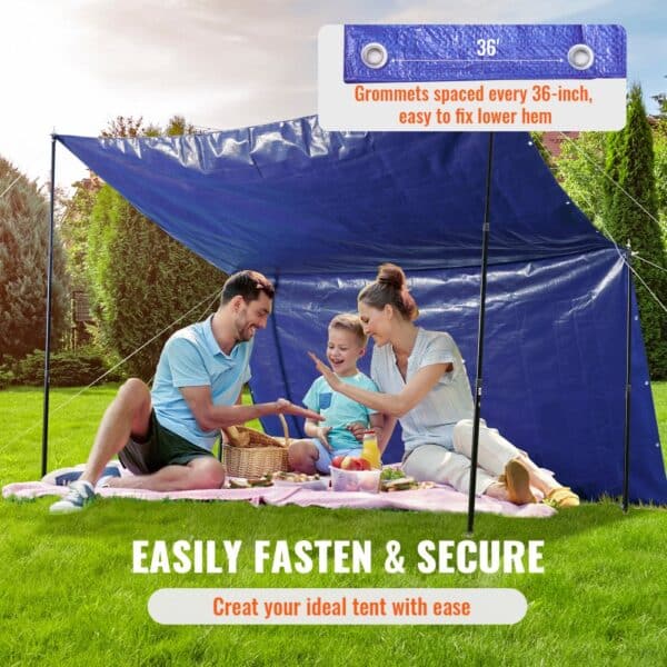 family picnic under VEVOR waterproof tarp with grommets every 36 inches for easy fastening and security.