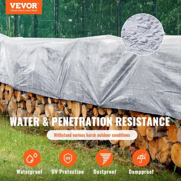 VEVOR tarp covering firewood, showcasing waterproof, uv protection, dustproof, and dampproof features.