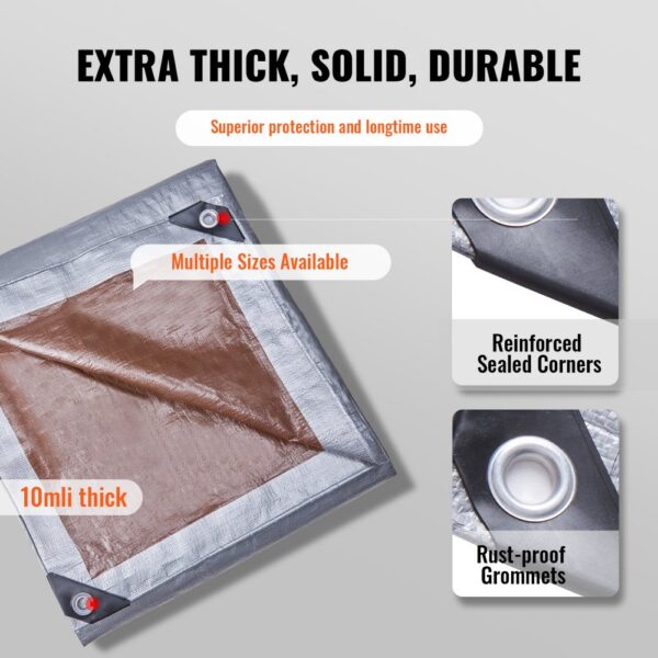 VEVOR tarp with reinforced sealed corners, rust-proof grommets, and superior protection.