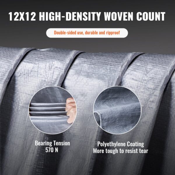 VEVOR tarp with 12x12 high-density woven count, double-sided use, and 570n bearing tension.