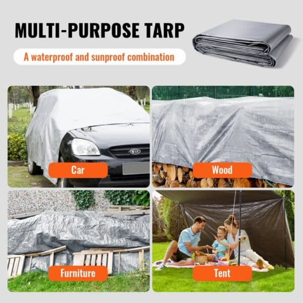 VEVOR tarp covering car, wood, furniture, and used as a tent, showcasing its waterproof versatility.