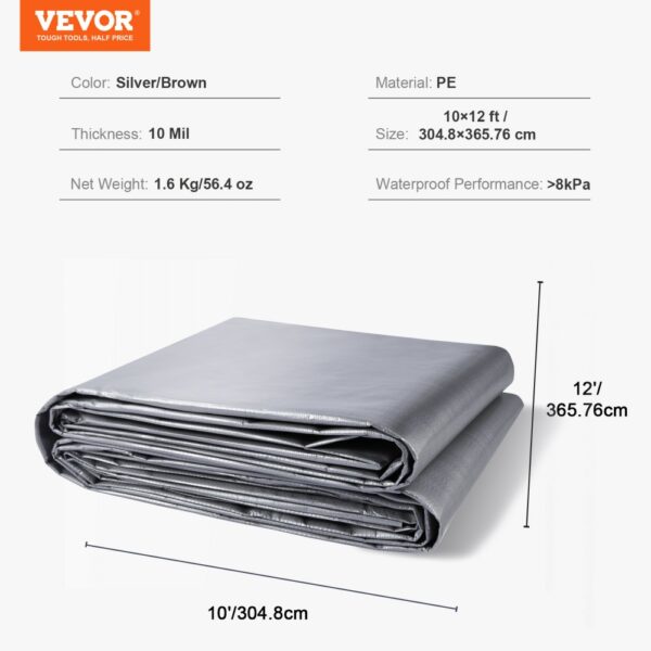 VEVOR tarp, silver/brown pe material, 10x12 ft size, 10 mil thickness, waterproof, folded.