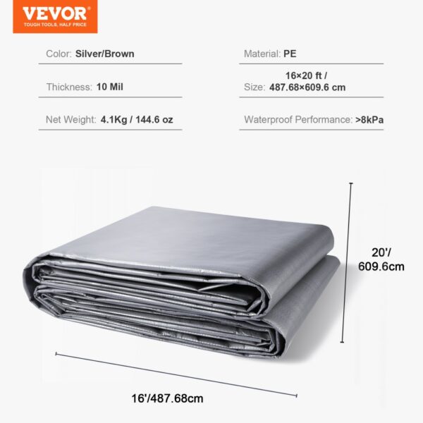 VEVOR tarp waterproof silver/brown, pe, 10 mil, 16x20 ft, 4.1 kg, 8kpa waterproof performance.