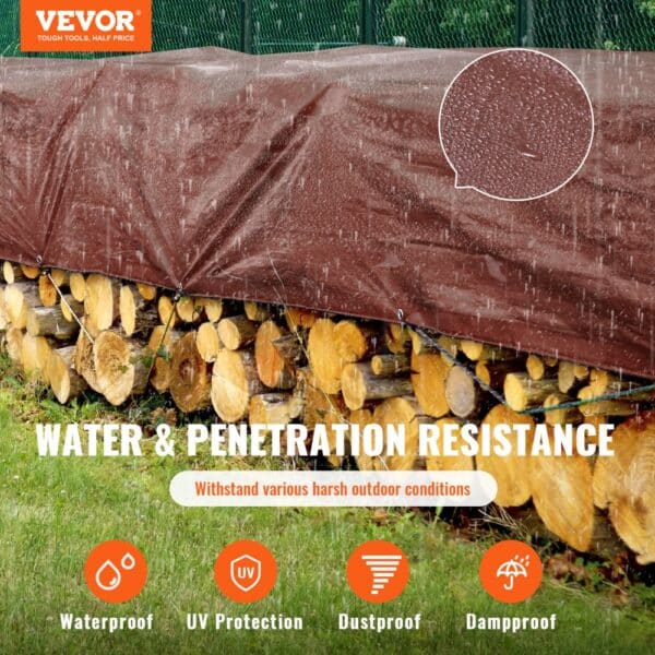 VEVOR extra thick waterproof tarp covering firewood, showcasing waterproof, uv protection, dustproof, and dampproof features.