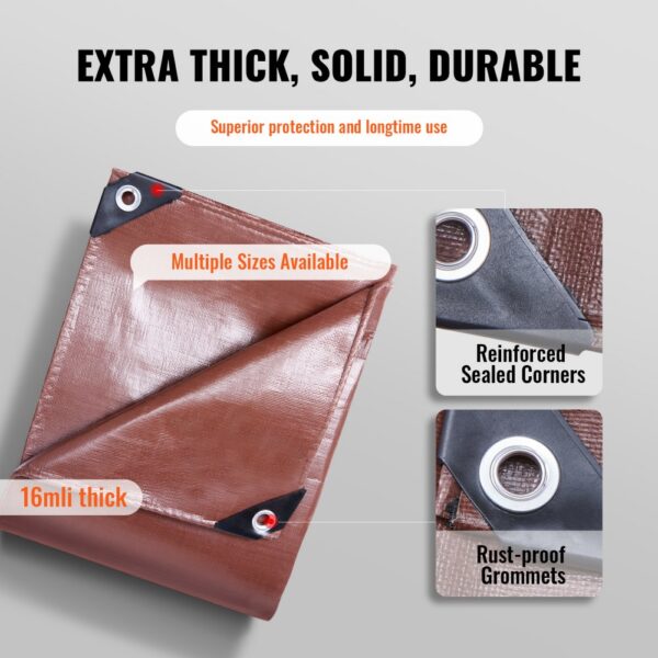 VEVOR extra thick waterproof tarp, 16mil thick with reinforced sealed corners and rust-proof grommets.