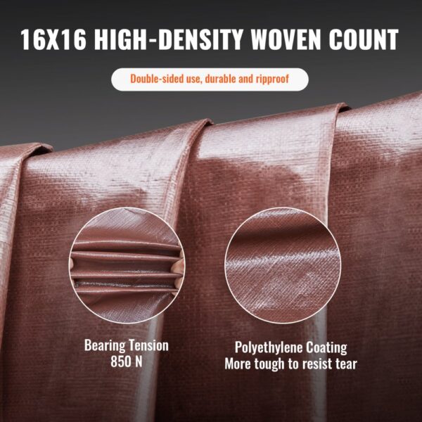 16x16 high-density brown tarp featuring bearing tension of 850n and tear-resistant polyethylene coating.