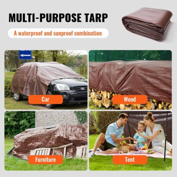 VEVOR extra thick waterproof tarp for cars, wood, furniture, and tents, showcasing multipurpose use.