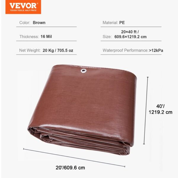 brown VEVOR extra thick waterproof tarp (16 mil, pe) folded with size details: 20 x 40 ft / 609.6 x 1219.2 cm.