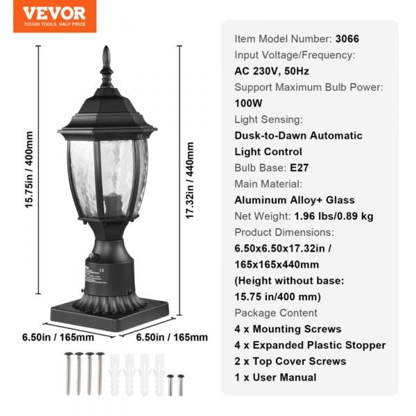 VEVOR Dusk to Dawn Outdoor Lamp Post Light Fixture 400 mm Pole or Pier Mount