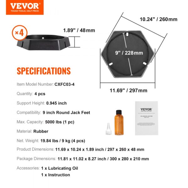 VEVOR rv leveling pads specifications, dimensions, and accessories; includes 4 pads, lubricating oil, and instruction manual.