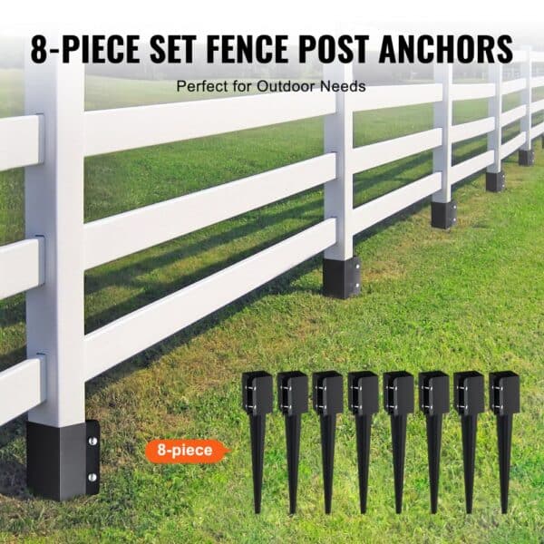 8-piece set of VEVOR fence post anchors supporting a sturdy white fence on a green lawn.