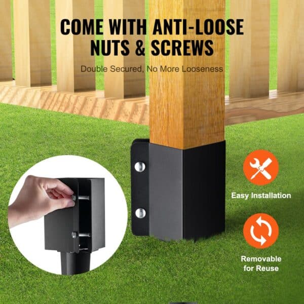 VEVOR fence post anchor with anti-loose nuts and screws for secure installation and reuse.