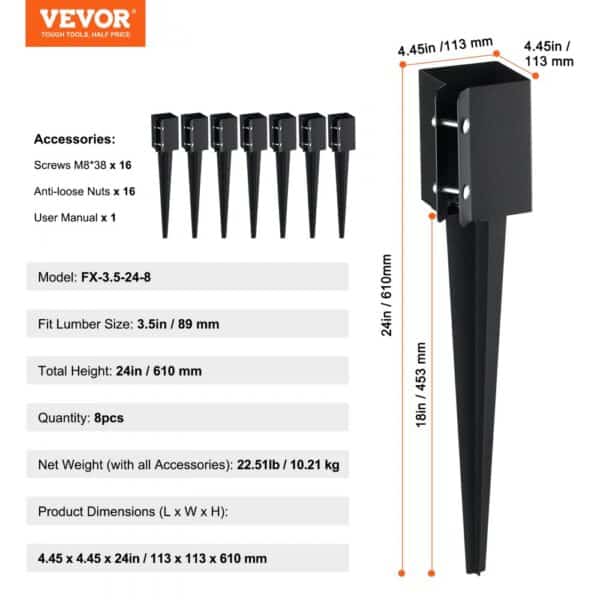 VEVOR fence post anchor, pack of 8, fits 3.5in lumber, 24in height, 22.51lb weight, includes screws and nuts.