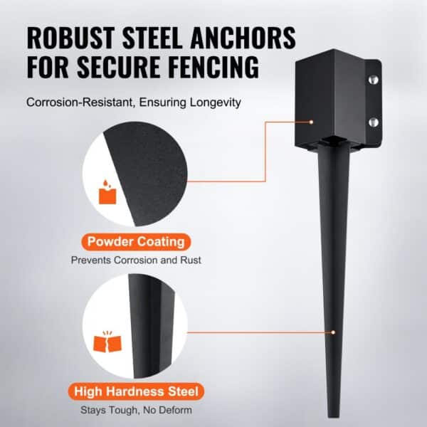 VEVOR fence post anchor: powder-coated steel, corrosion-resistant, high hardness, and secure fencing solution.