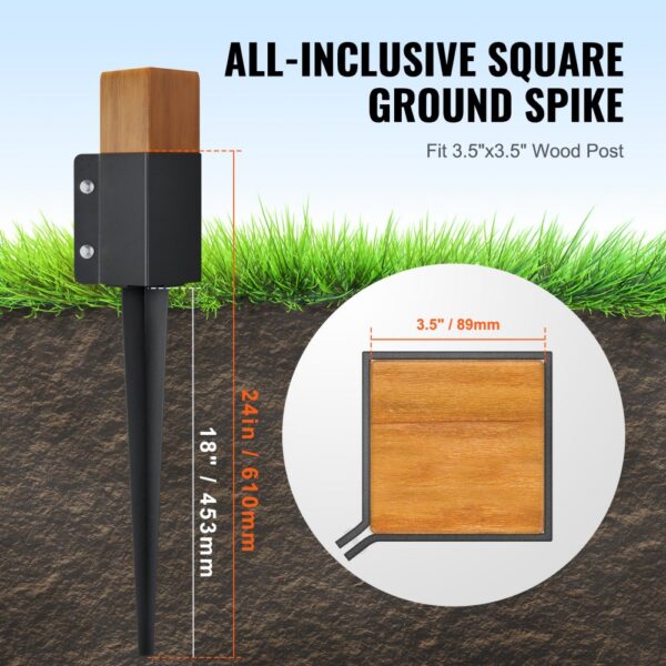 VEVOR fence post anchor square ground spike with dimensions for 3.5"x3.5" wood post, 24" length.