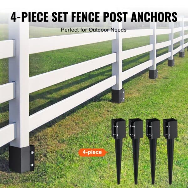 4-piece VEVOR fence post anchors set for securing white fence on grassy lawn, ideal for outdoor needs.