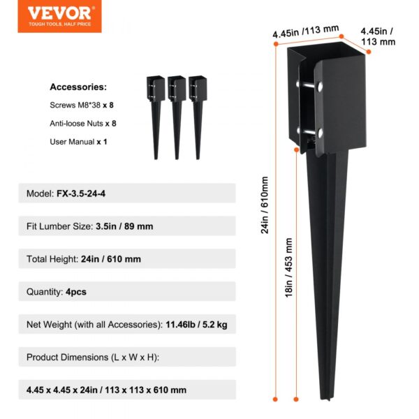 VEVOR fence post anchor, model fx-3.5-24-4, with screws, nuts, user manual, 24in height, 4 pieces.