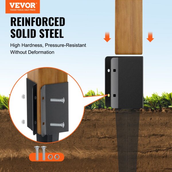 VEVOR fence post anchor demonstrating reinforced solid steel construction with close-up details and bolts.