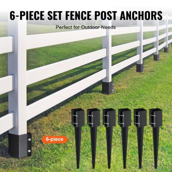 6-piece VEVOR fence post anchor set for sturdy white fence installation in green field.