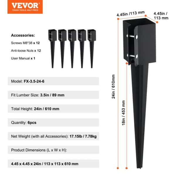 VEVOR fence post anchor, set of 6, 3.5in fit, 24in height, includes screws and nuts, model fx-3.5-24-6.