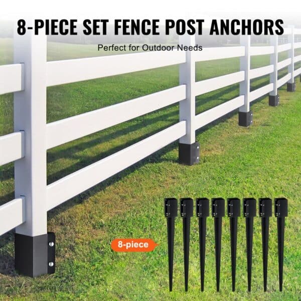 VEVOR fence post anchor 8-piece set securing white fence on green lawn, ideal for outdoor needs.