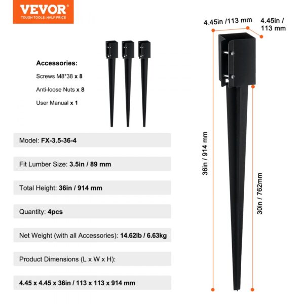 VEVOR Fence Post Anchor Ground Spike, 4 Pack 36 x 4 x 4 Inches Outer Diameter (Inner Diameter 3.5 x3.5 Inches), Metal Black Powder Coated Post Stake Ground, for Mailbox Deck Garden Railing