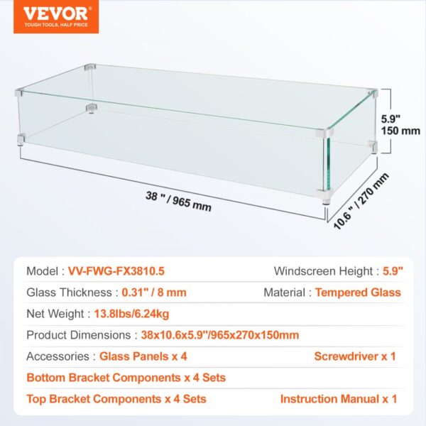 VEVOR fire pit wind guard, 38"x10.6"x5.9", tempered glass with brackets and panels.