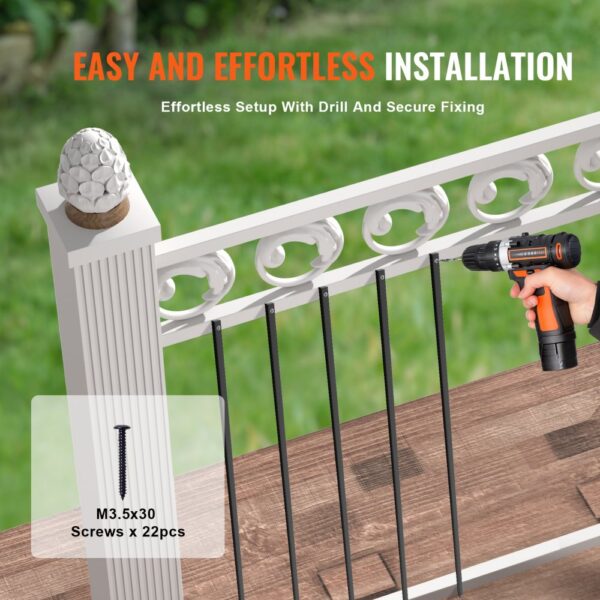 easy installation of VEVOR staircase metal balusters with a drill and screws in an outdoor setting.