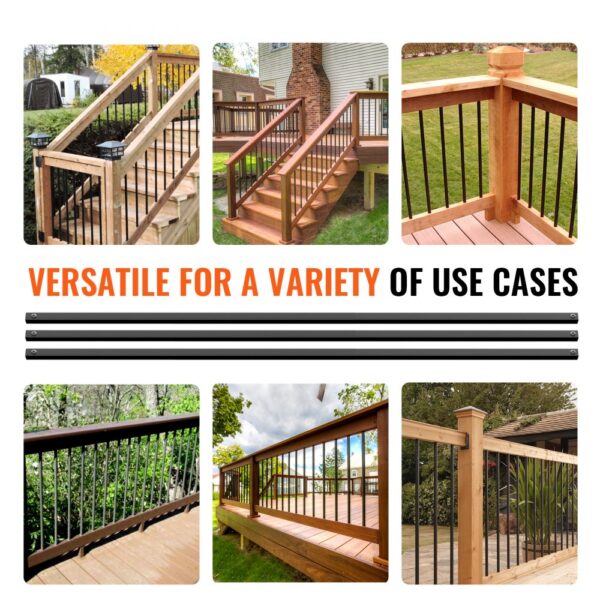 VEVOR staircase metal balusters shown in various wooden deck and railing installations. versatile uses.