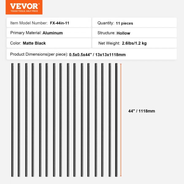 VEVOR staircase metal balusters, fx-44in-11, aluminum, matte black, 44" length, set of 11.