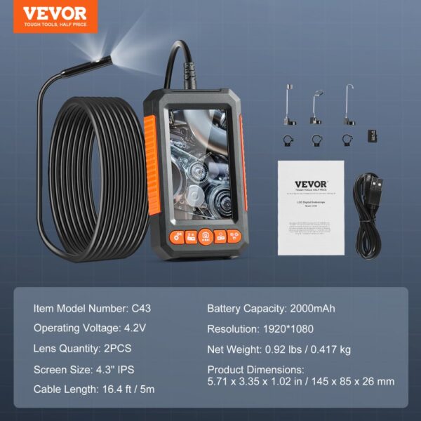 VEVOR Endoscope Camera with Lights Dual Lens Borescope 16.4FT Cable 4.3" Screen