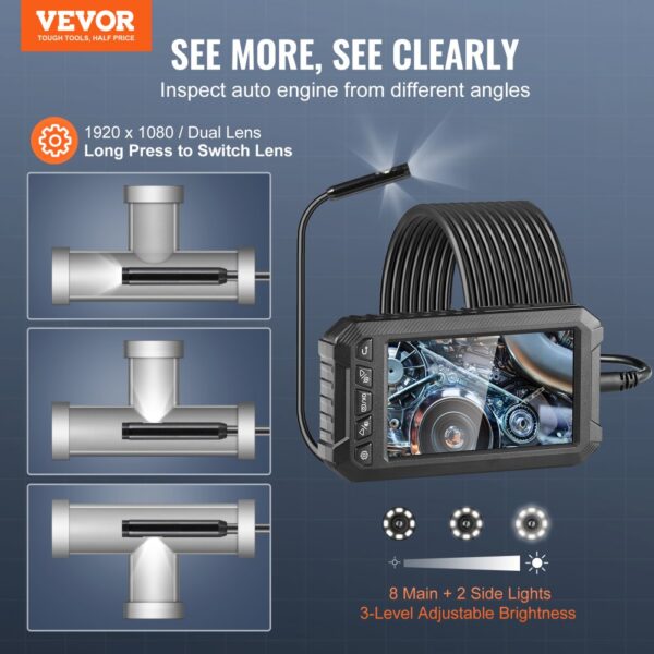 VEVOR Endoscope Camera with Lights Triple Lens Borescope 16.4FT Cable 5" Screen