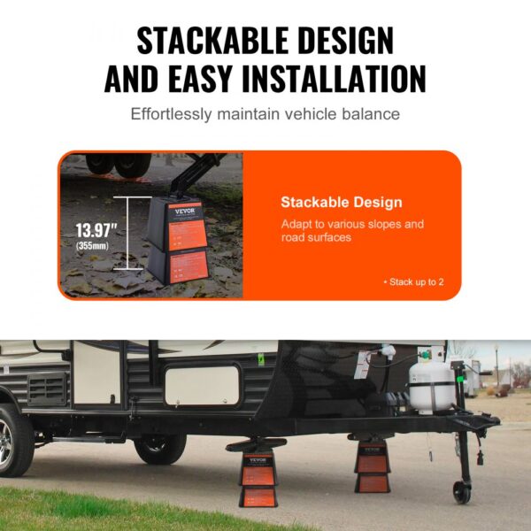 VEVOR trailer jack block with stackable design under camper, ensuring stable vehicle balance.