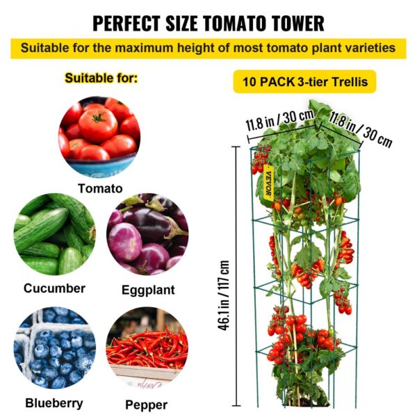 VEVOR tomato cages 10 pack 3-tier trellis, 46.1in tall, for various plants.