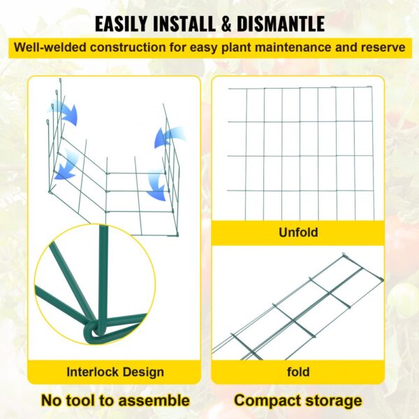 VEVOR tomato cages: easy install, interlock design, foldable for compact storage.