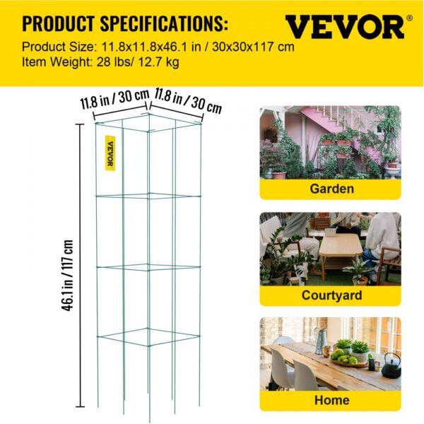 VEVOR tomato cages dimensions 11.8x11.8x46.1 in, ideal for garden, courtyard, and home.