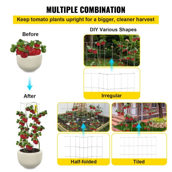 VEVOR tomato cages support plants, ensuring a bigger, cleaner harvest with flexible shapes.