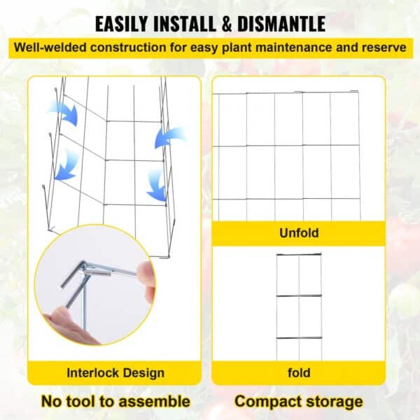 VEVOR tomato cages: easy install, interlock design, unfold and fold for compact storage.