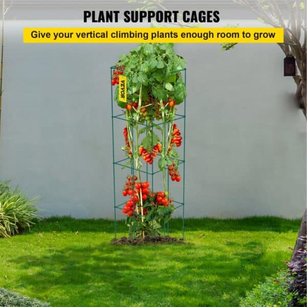 VEVOR tomato cages providing support for abundant tomato plants in a garden.