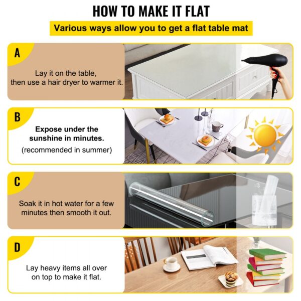 steps to flatten VEVOR clear table protector: use a hair dryer, sunlight, hot water, or heavy items.