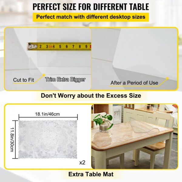 VEVOR plastic table cover cut-to-fit guide with measuring tape, covering different table sizes, extra mat included.